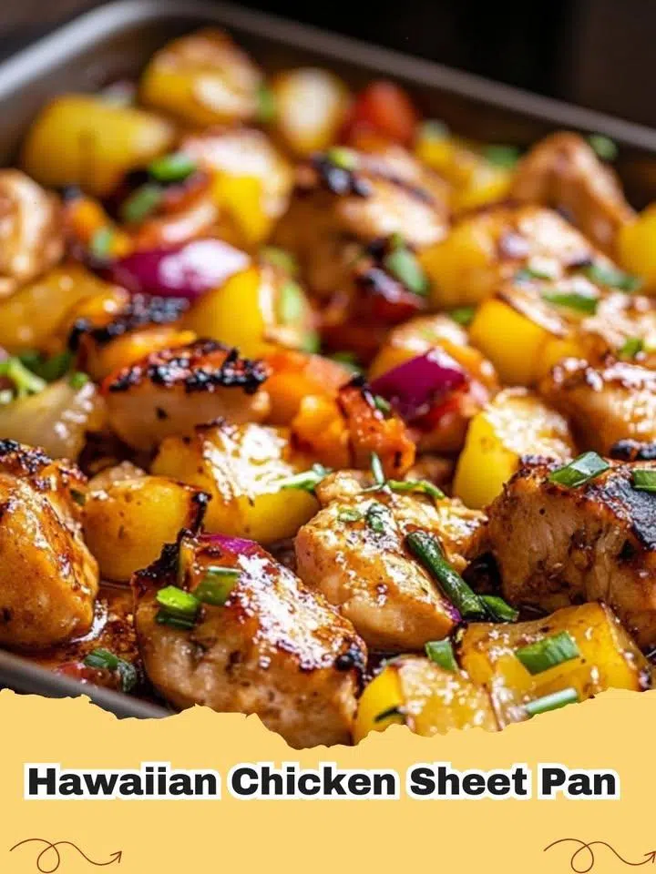 Delicious Hawaiian Chicken Sheet Pan dinner with vibrant pineapple, peppers, and red onion, perfect for an easy weeknight meal.