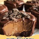 Close-up of Healthy Peanut Butter Greek Yogurt Chocolate Mousse Bites on a plate, garnished with a sprinkle of cocoa powder.