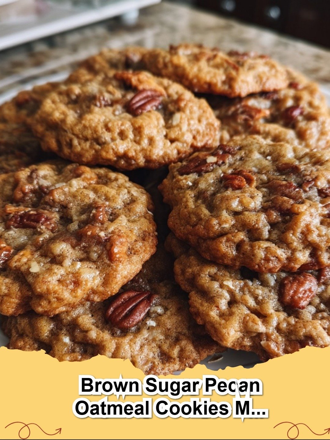 Close-up of freshly baked homemade brown sugar pecan oatmeal cookies on a cooling rack, golden brown and studded with oats and pecans.