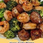 Honey Garlic Shrimp, Sausage, and Broccoli Skillet served in a pan