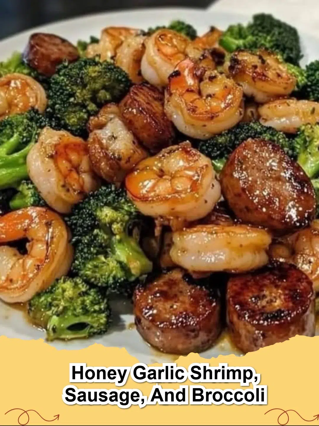 Honey Garlic Shrimp, Sausage, and Broccoli Skillet served in a pan
