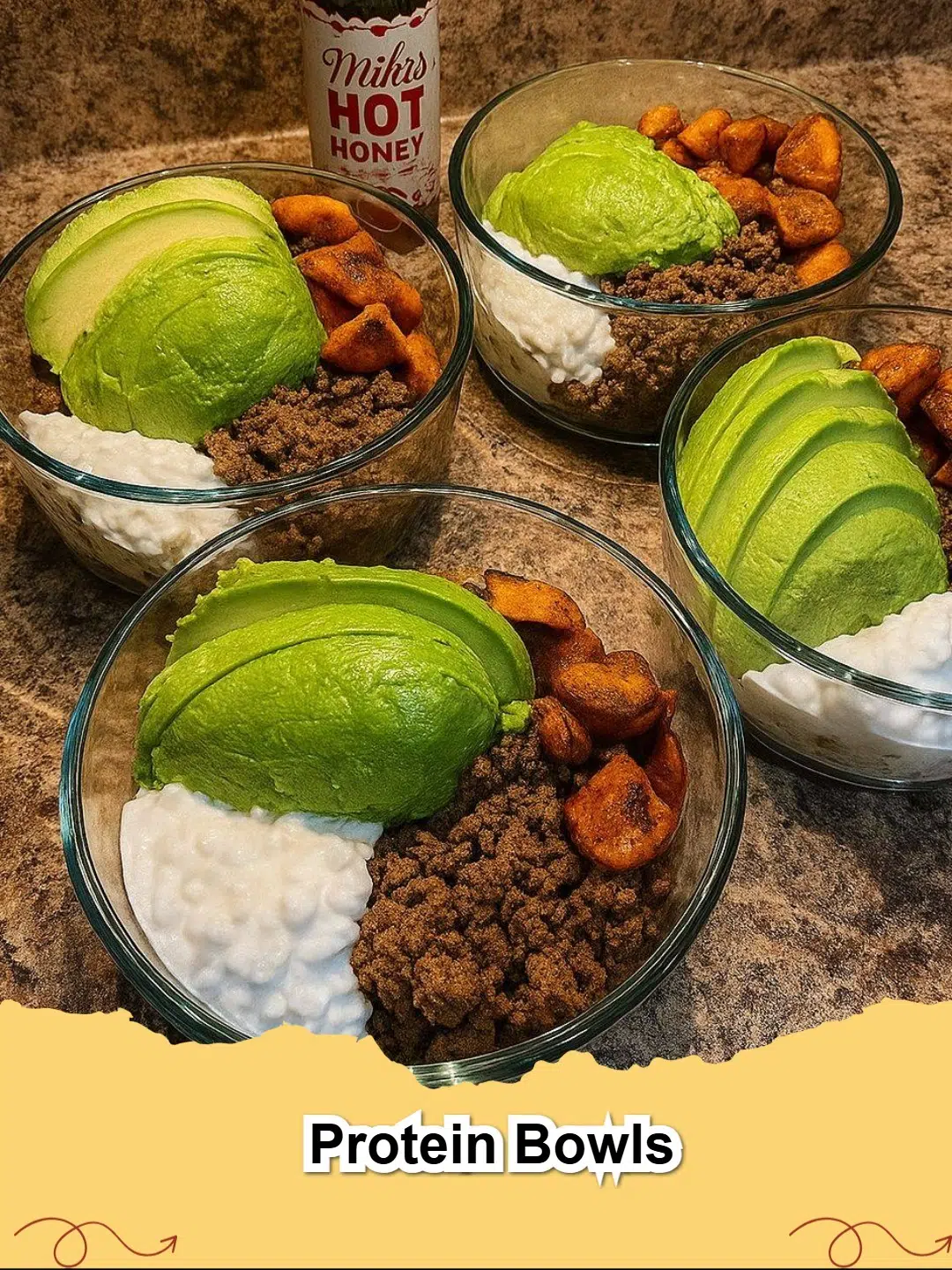 Delicious Hot Honey Ground Meat Protein Bowls with sweet potato and avocado.