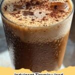 A tall glass of Indulgent Tiramisu Iced Coffee, topped with creamy mascarpone foam and dusted with cocoa powder, a perfect blend of dessert and drink.