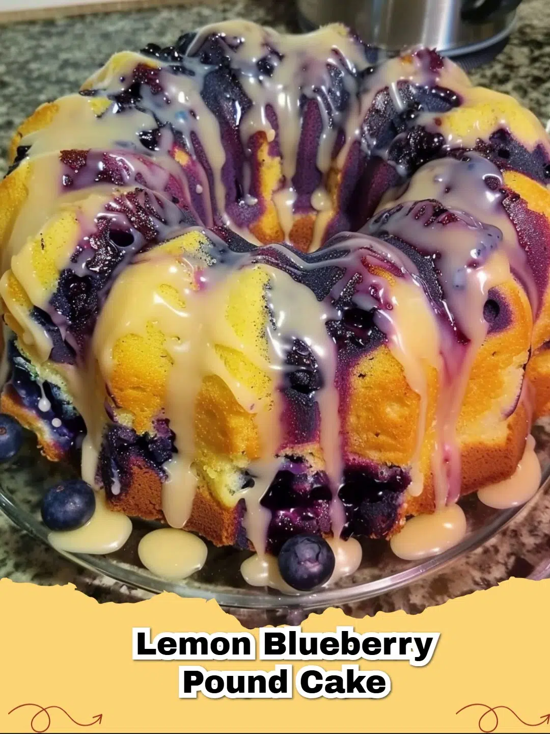 Slice of glazed Lemon Blueberry Pound Cake on a white plate with fresh blueberries
