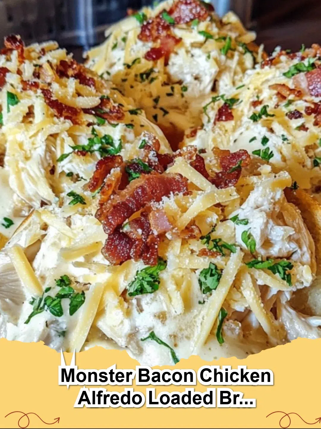 Close-up of a Loaded Chicken Alfredo Bread Bowl Bomb with Bacon, showcasing melted cheese and savory filling.