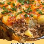 Loaded Potato & Meatloaf Casserole with golden mashed potato topping and crispy bacon bits, a perfect family comfort food.