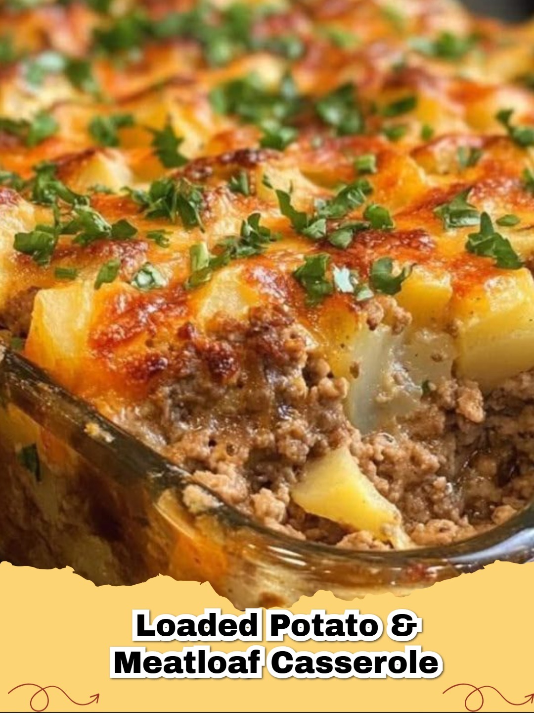 Loaded Potato & Meatloaf Casserole with golden mashed potato topping and crispy bacon bits, a perfect family comfort food.
