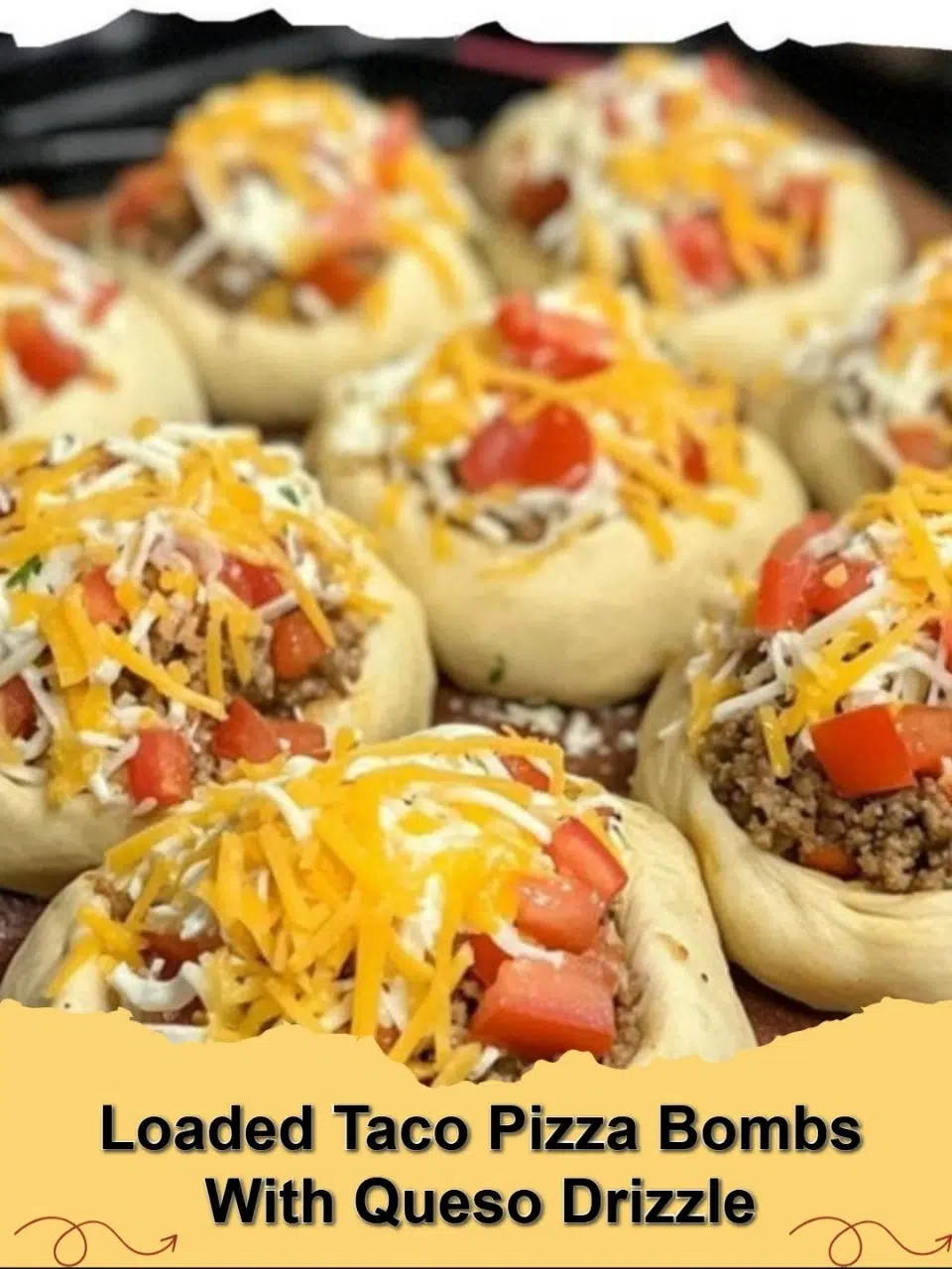 Golden brown Loaded Taco Pizza Bombs with a creamy queso drizzle and fresh cilantro, perfect for a party appetizer.