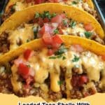 Close-up of three Loaded Taco Shells with Creamy Cheese Sauce, garnished with fresh cilantro and diced tomatoes.