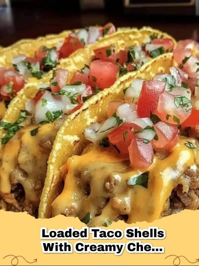 Loaded taco shells with creamy cheese sauce and fresh toppings