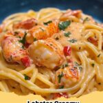 A close-up of creamy lobster spaghetti in a bowl, garnished with fresh parsley and a lemon wedge, highlighting the rich sauce and succulent lobster pieces.