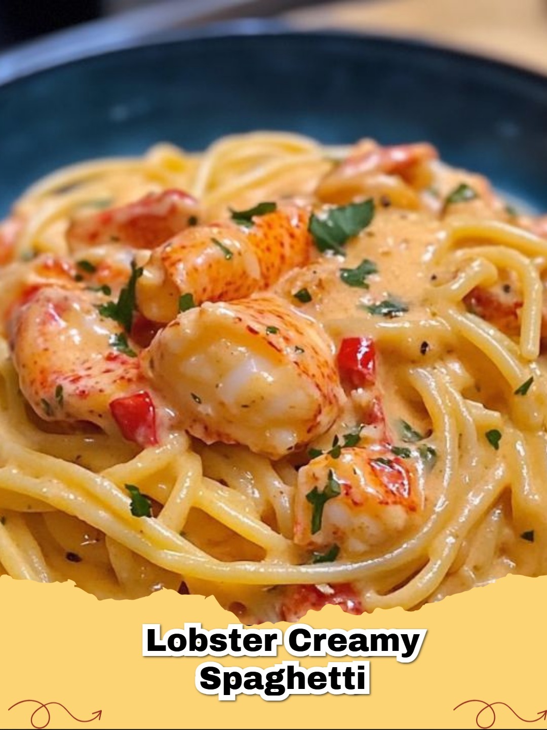 A close-up of creamy lobster spaghetti in a bowl, garnished with fresh parsley and a lemon wedge, highlighting the rich sauce and succulent lobster pieces.