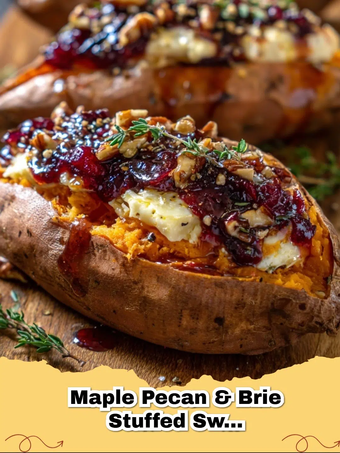 Maple Pecan & Brie Stuffed Sweet Potatoes with a Cranberry Glaze, golden brown and garnished for a festive meal.