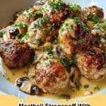 Delicious Meatball Stroganoff with Dreamy Cream Sauce served over egg noodles, garnished with fresh parsley.