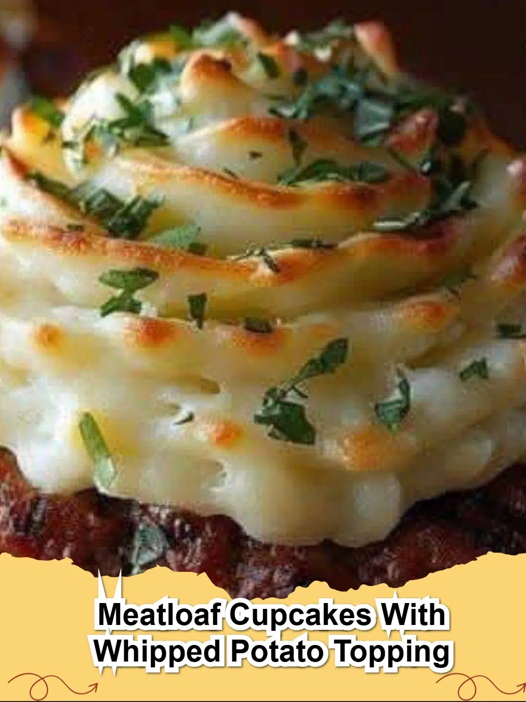 Delicious Meatloaf Cupcakes with fluffy Whipped Potato Topping served on a platter.