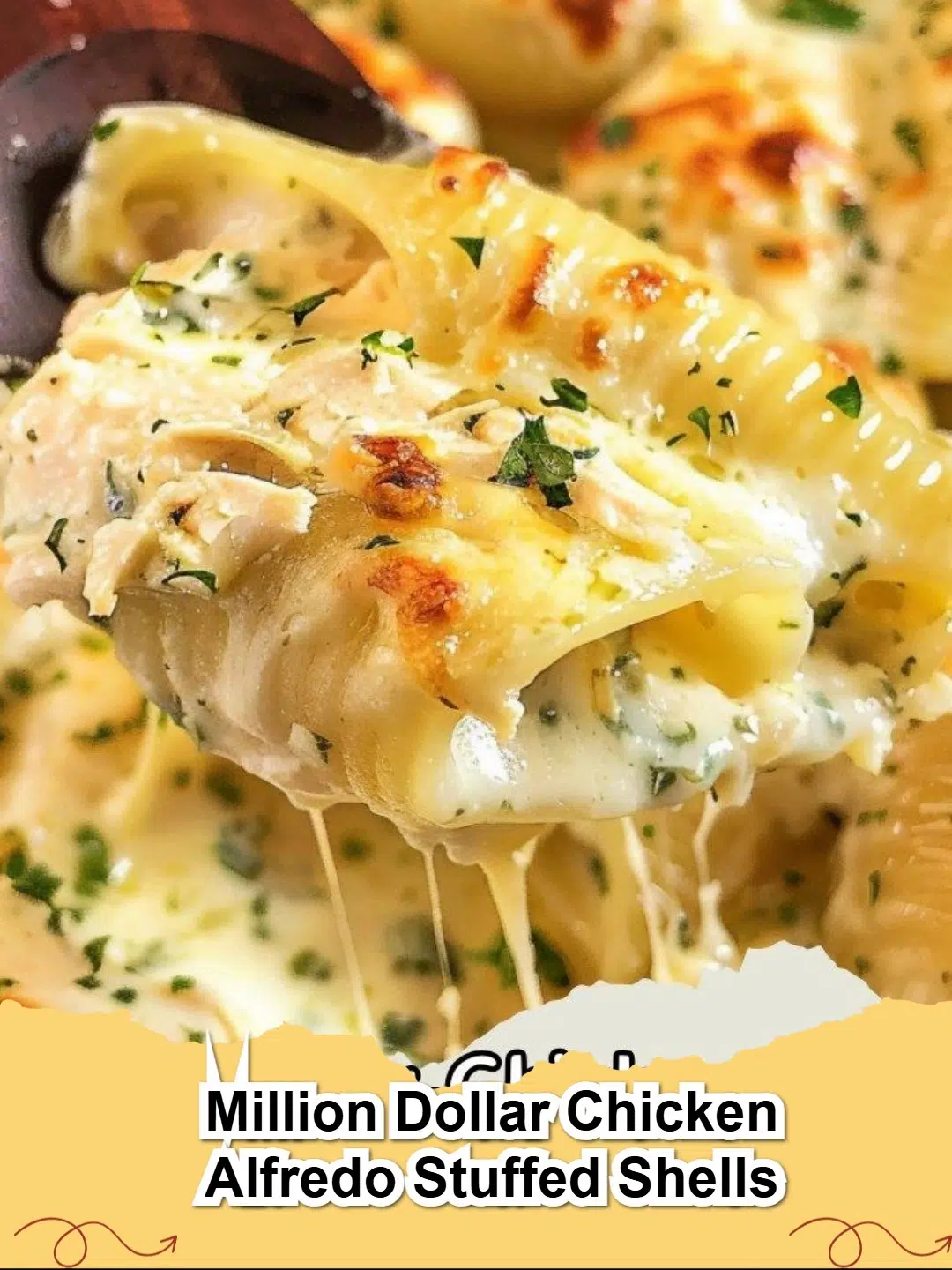 Delicious Million Dollar Chicken Alfredo Stuffed Shells in a baking dish, garnished with fresh parsley.