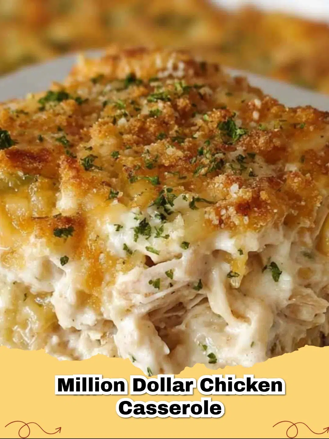 Delicious Million Dollar Chicken Casserole with a golden Ritz cracker topping, served warm in a baking dish
