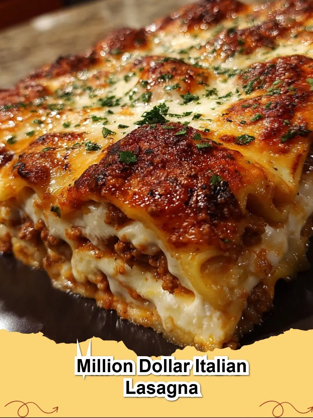 Close-up of a golden-brown Million Dollar Italian Lasagna baking dish, ready to be served