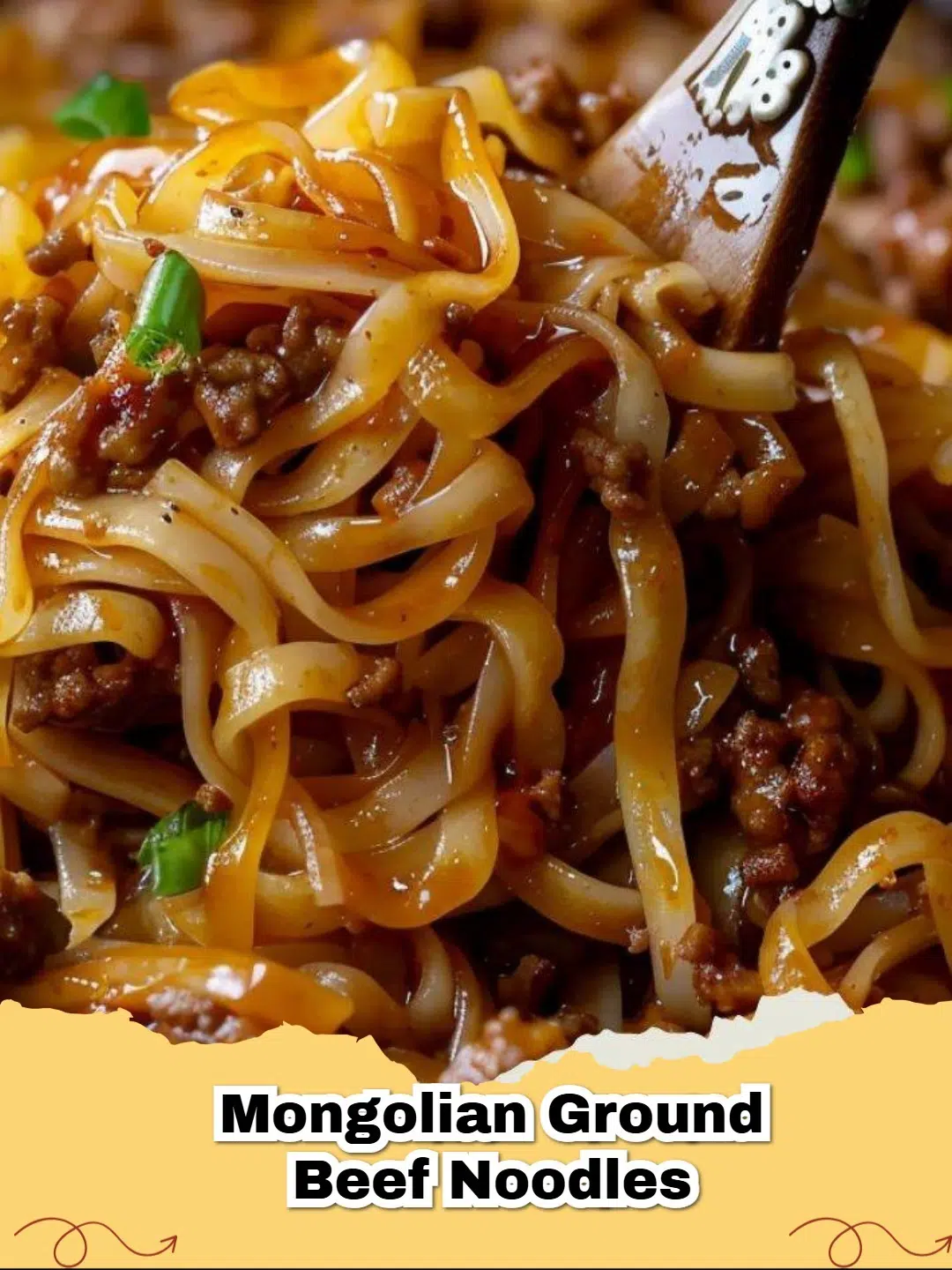 Close-up of a bowl of Mongolian Ground Beef Noodles with green onion garnish, highlighting the rich sauce and tender beef.