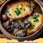 Rich Mushroom & Caramelized Onion Soup with golden cheesy toasties for dipping.