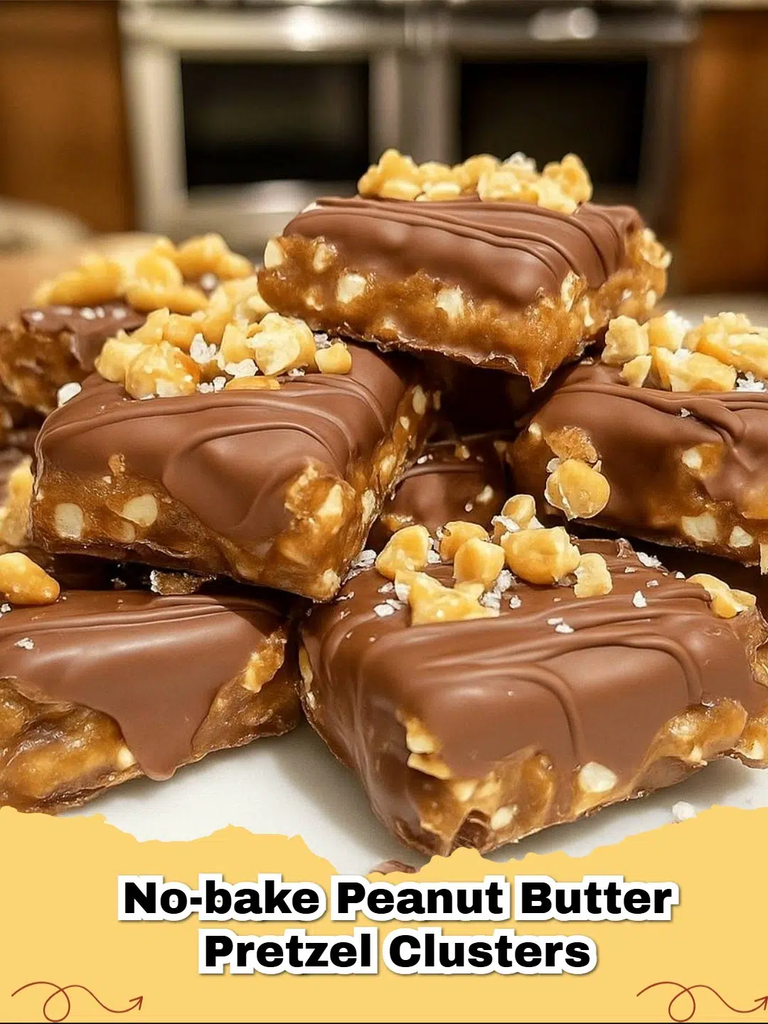 Delicious No-Bake Peanut Butter Pretzel Clusters drizzled with chocolate and sea salt, ready to eat.