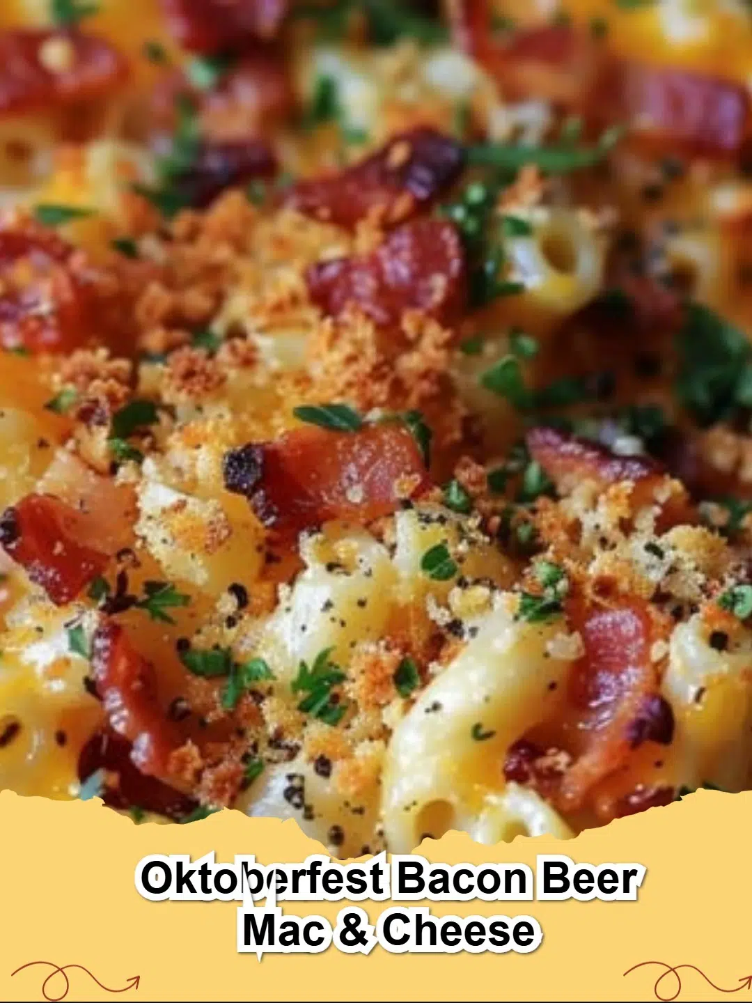 A bubbling cast iron skillet filled with creamy Oktoberfest Bacon Beer Mac & Cheese, topped with crispy bacon bits and green onions, ready to serve.