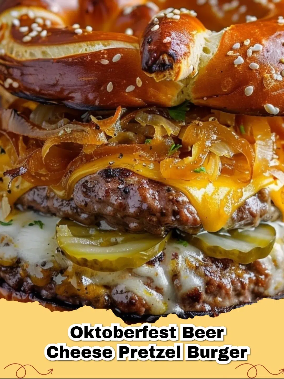 A delicious Oktoberfest Beer Cheese Pretzel Burger with melted cheese, juicy patty, and a soft pretzel bun on a wooden board.