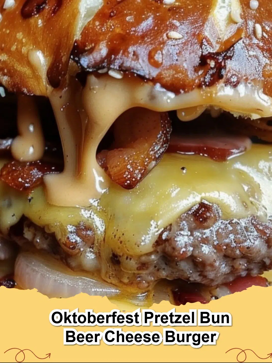 Delicious Oktoberfest Pretzel Bun Beer Cheese Burger with melted cheese and crispy bacon