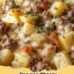 A close-up of a sizzling One-Pan Cheesy Potato Meat Skillet topped with melted cheese and fresh parsley.