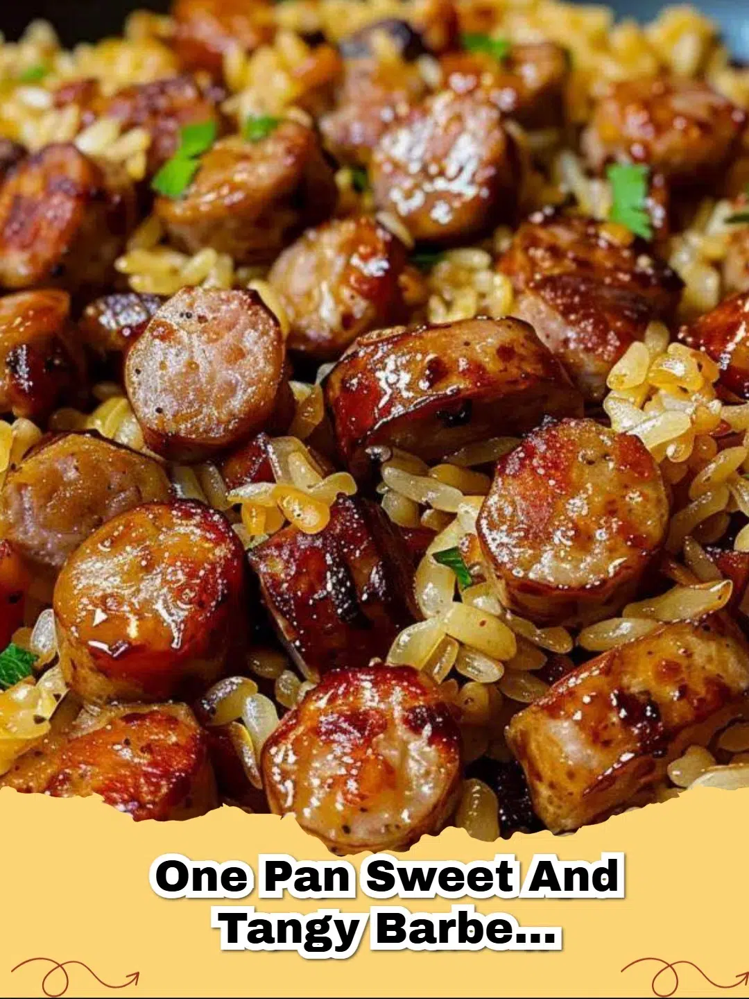 A close-up of a skillet filled with One Pan Sweet and Tangy Barbecue Sausage Rice, garnished with fresh green onions.