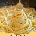 Close-up of creamy One Pot Garlic Parmesan Pasta garnished with fresh parsley and extra Parmesan.
