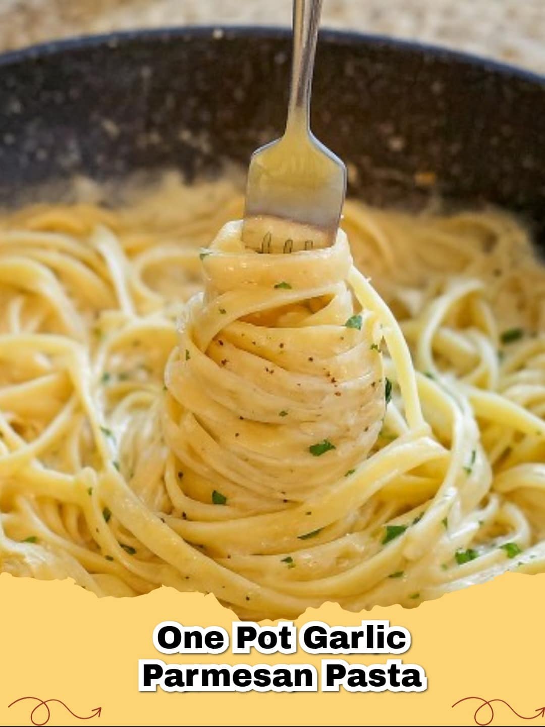 Close-up of creamy One Pot Garlic Parmesan Pasta garnished with fresh parsley and extra Parmesan.