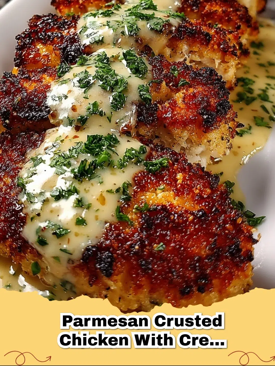 Crispy golden Parmesan Crusted Chicken breast covered in creamy garlic sauce, garnished with parsley.