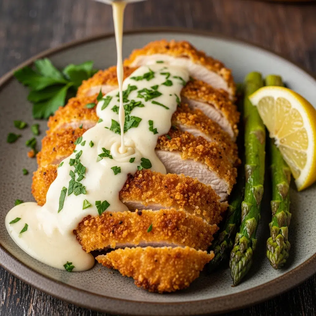 Close-up of crispy Parmesan Crusted Chicken with Creamy Garlic Sauce drizzled over it, garnished with fresh parsley.