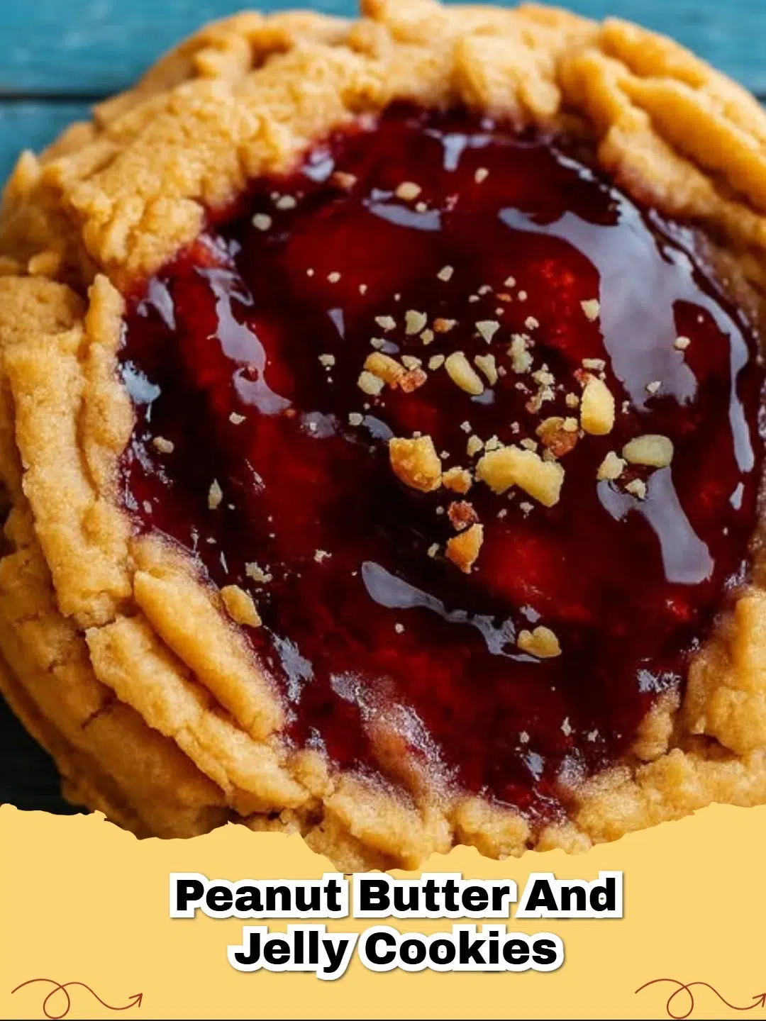 Close-up of freshly baked Peanut Butter and Jelly Cookies with a dollop of red jelly in the center.