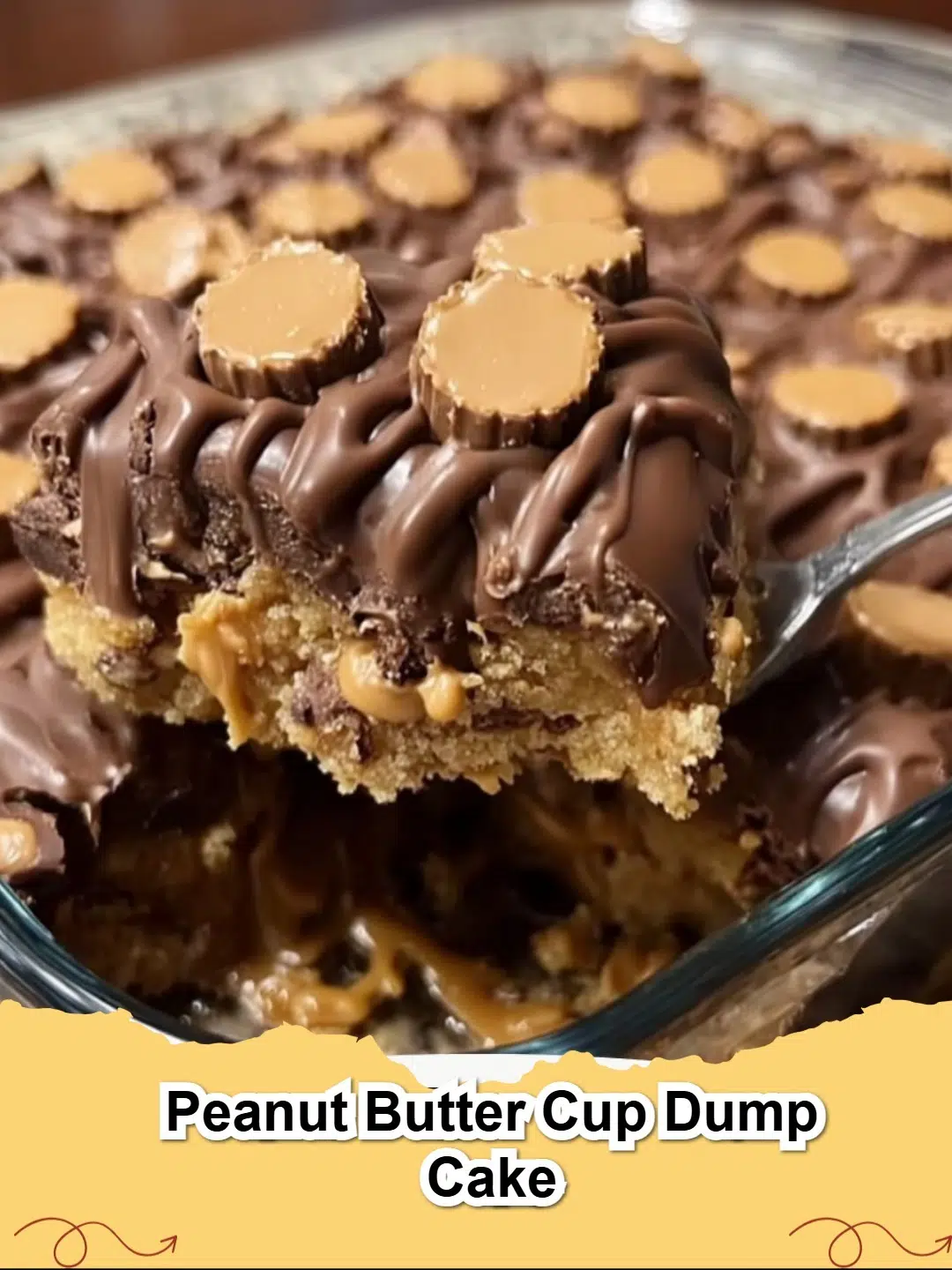 Decadent Peanut Butter Cup Dump Cake with melted chocolate and peanut butter.