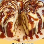 Decadent Pecan Caramel Cinnamon Roll Cream Cheese Pound Cake with glaze and nuts on top, perfect for dessert.
