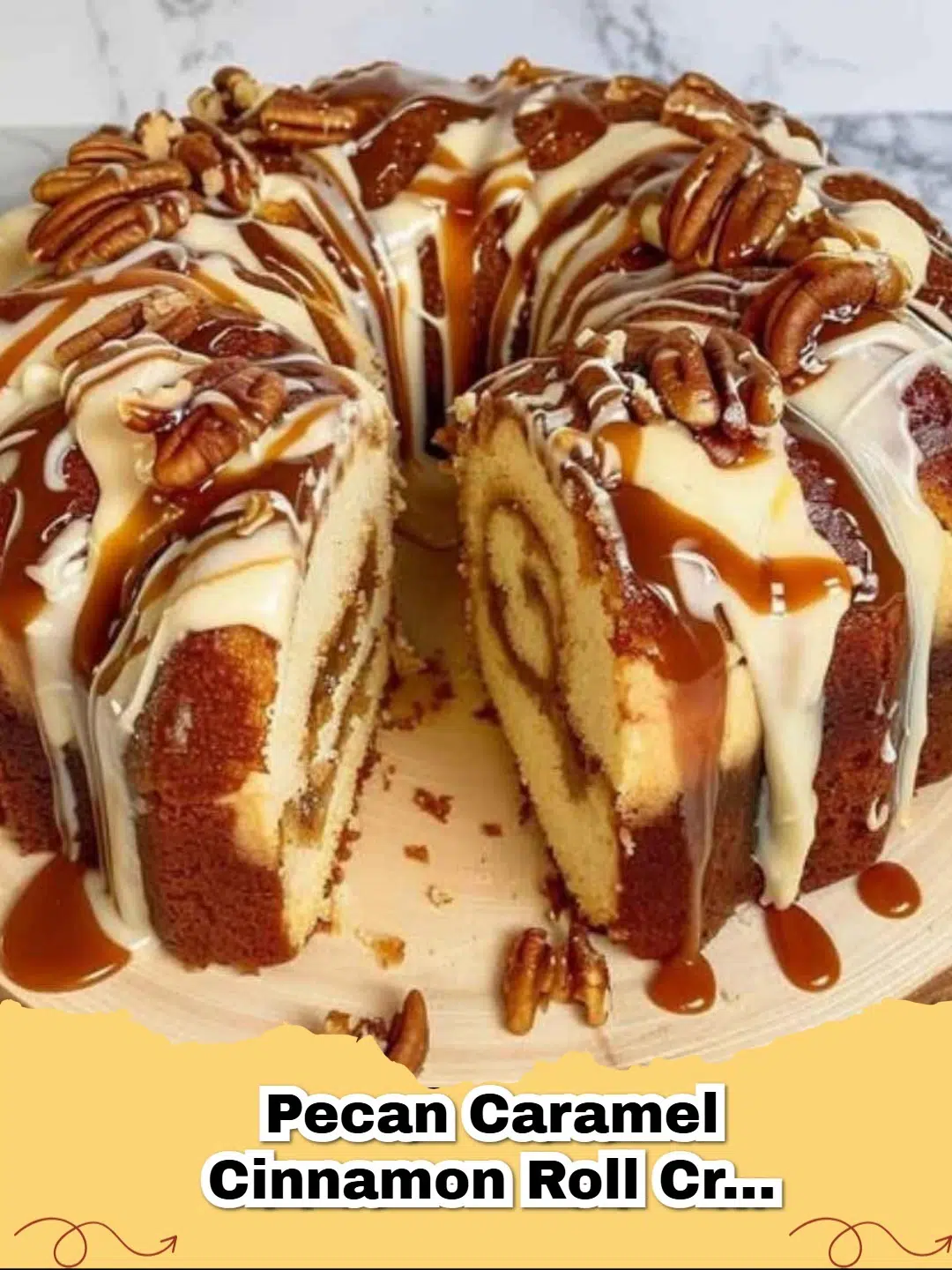 Decadent Pecan Caramel Cinnamon Roll Cream Cheese Pound Cake with glaze and nuts on top, perfect for dessert.