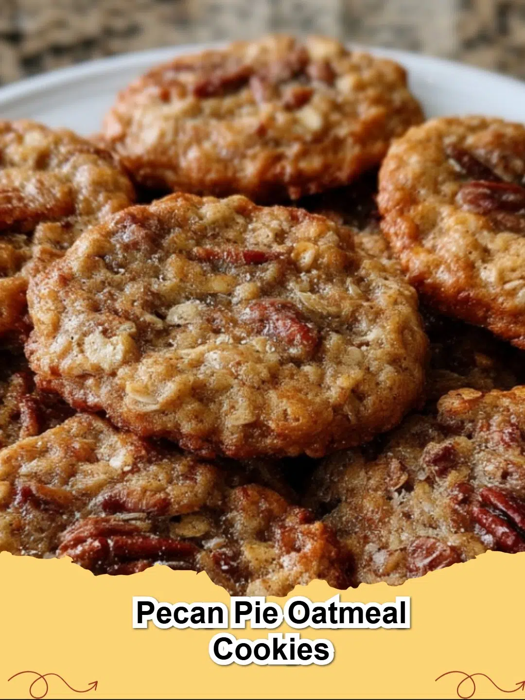 A stack of delicious Pecan Pie Oatmeal Cookies on a cooling rack, showing their chewy texture and embedded pecans.