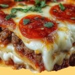 Hearty Pizza Lasagna baked in a 9x13 dish, showing layers of pasta, meat sauce, melted cheese, and pepperoni.