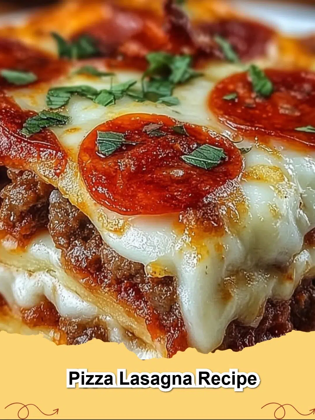 Hearty Pizza Lasagna baked in a 9x13 dish, showing layers of pasta, meat sauce, melted cheese, and pepperoni.