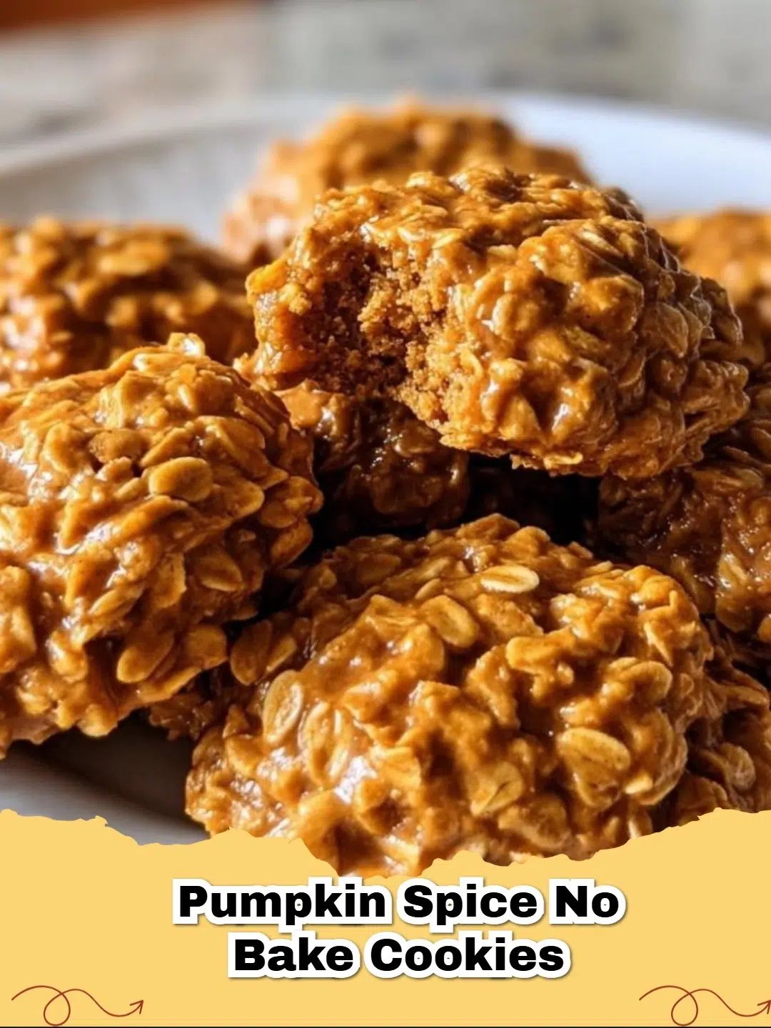 Pile of Pumpkin Spice No Bake Cookies on a rustic wooden board, garnished with autumn leaves, highlighting the rich fall flavors.