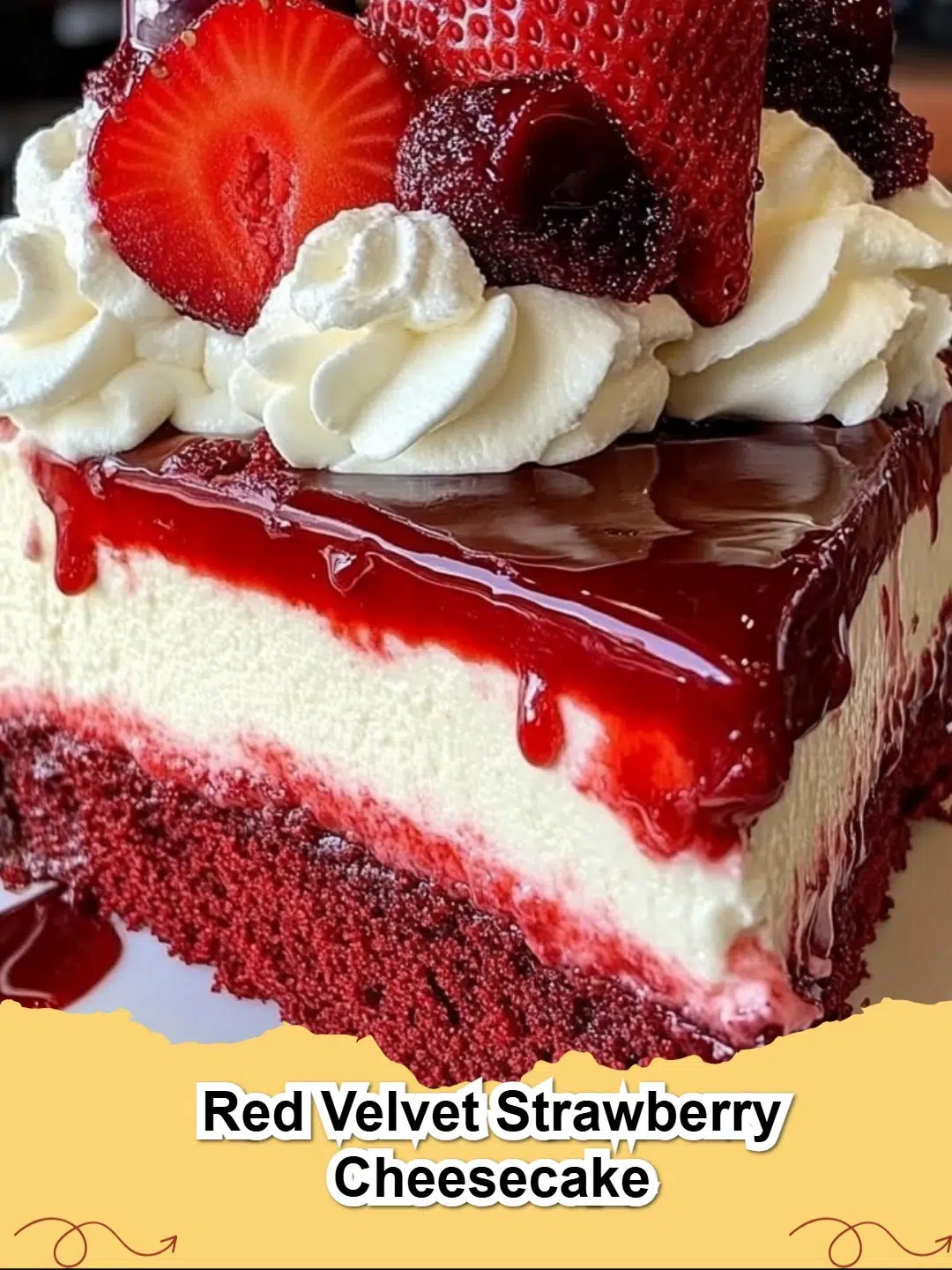 A stunning slice of Red Velvet Strawberry Cheesecake topped with fresh berries, perfect for dessert.