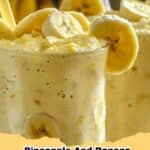 Glass of refreshing pineapple and banana smoothie with fresh fruit garnish