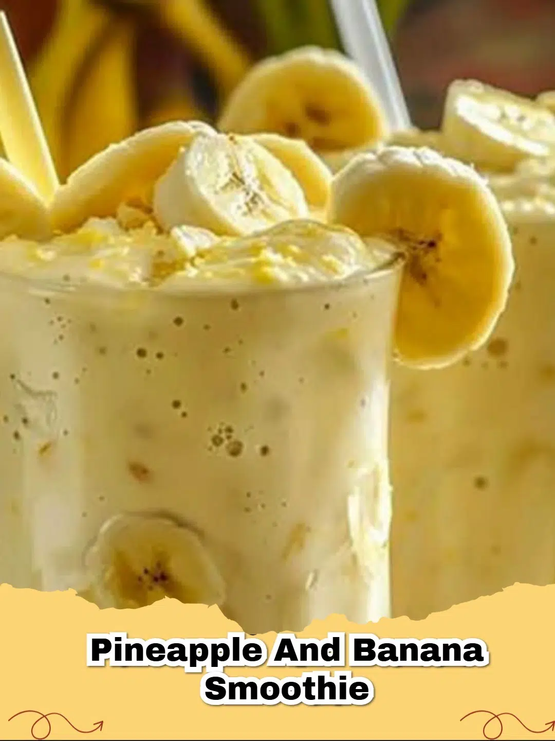 Glass of refreshing pineapple and banana smoothie with fresh fruit garnish
