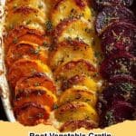 Close-up of a golden brown Root Vegetable Gratin with visible layers of sweet potatoes, parsnips, and beets