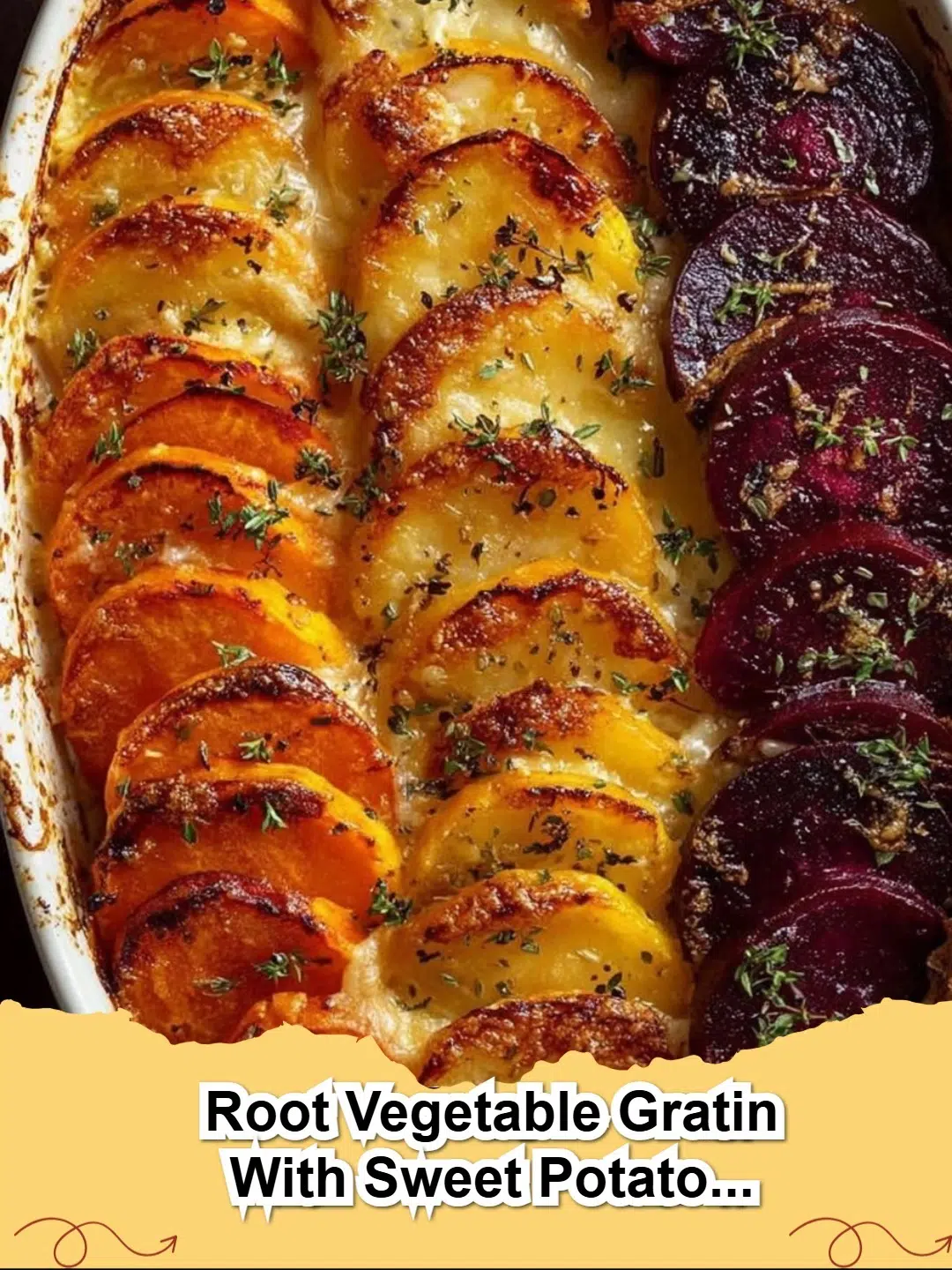 Close-up of a golden brown Root Vegetable Gratin with visible layers of sweet potatoes, parsnips, and beets
