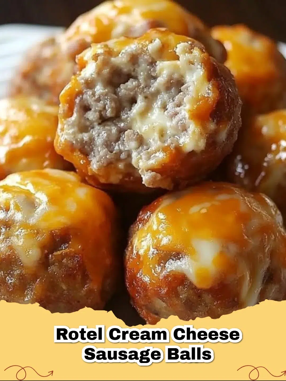 A platter of golden brown Rotel Cream Cheese Sausage Balls, perfect for a party.