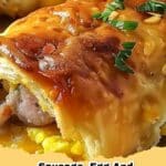 Delicious Sausage, Egg and Cheese Breakfast Roll-Ups arranged on a plate, ready to be served.