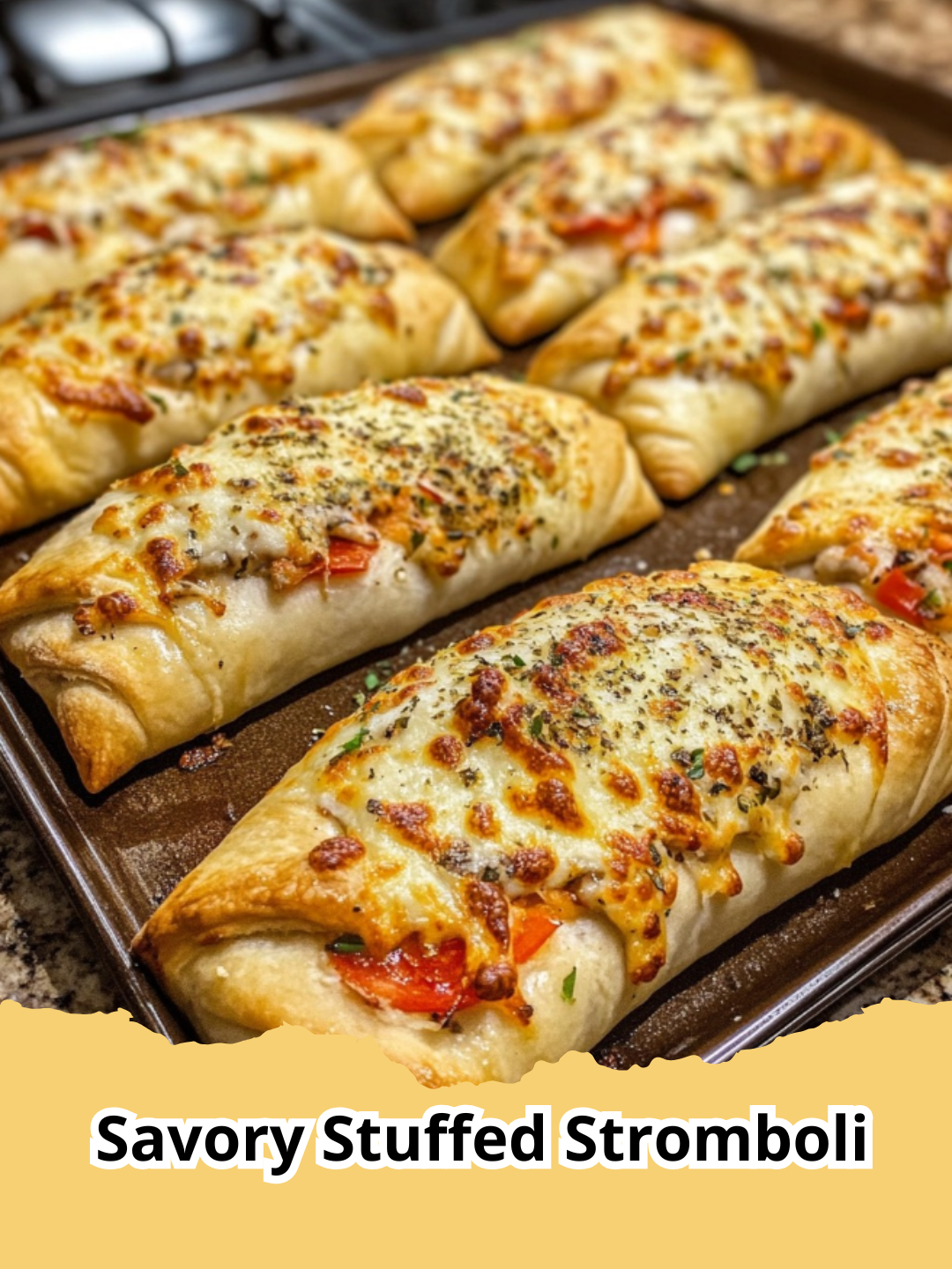 A freshly baked Savory Stuffed Stromboli, golden brown and sliced, revealing delicious fillings like pepperoni, sausage, cheese, and vegetables.
